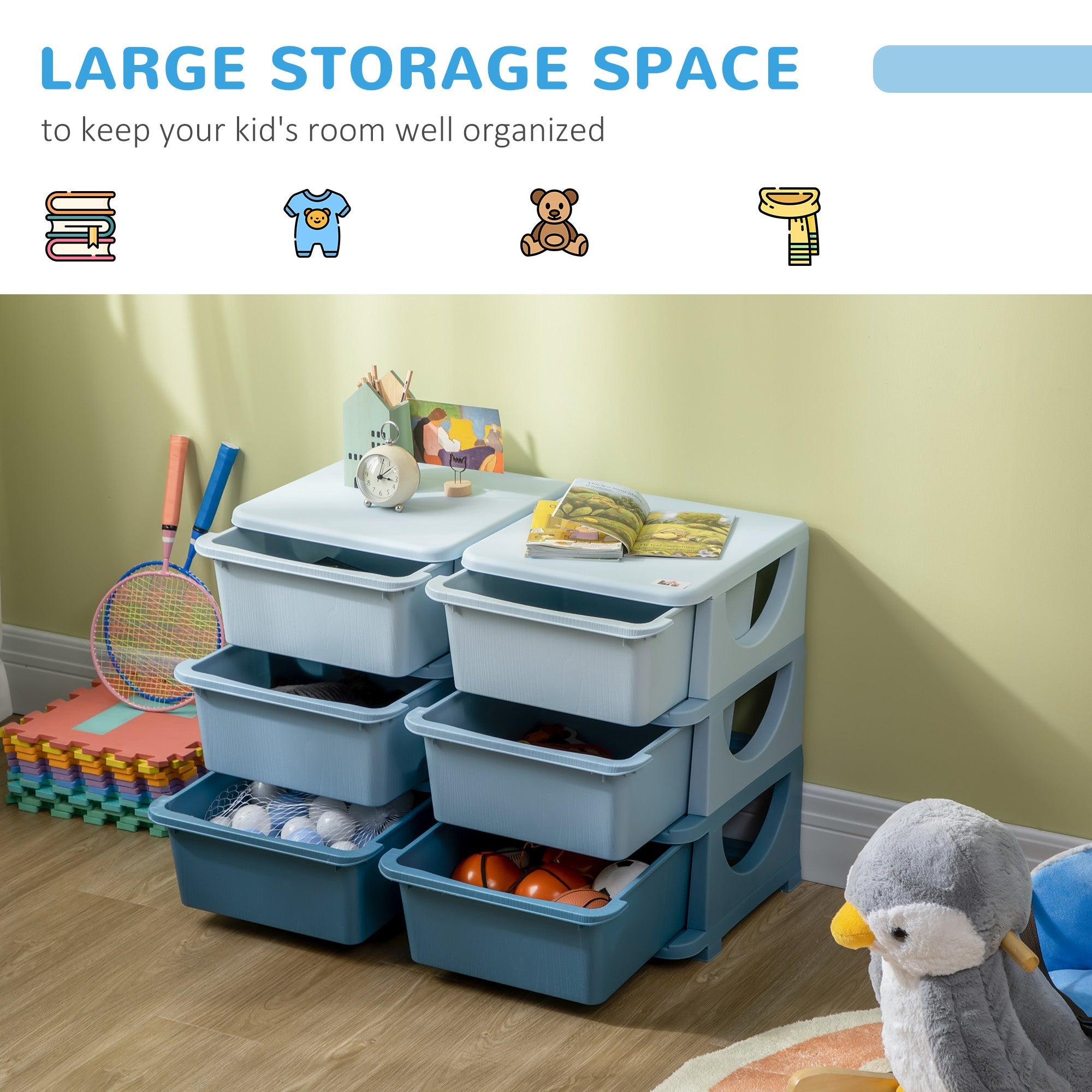 Qaba 3 Tier Kids Toy Organizer and Storage Bins with 6 Plastic Drawers, Blue 
