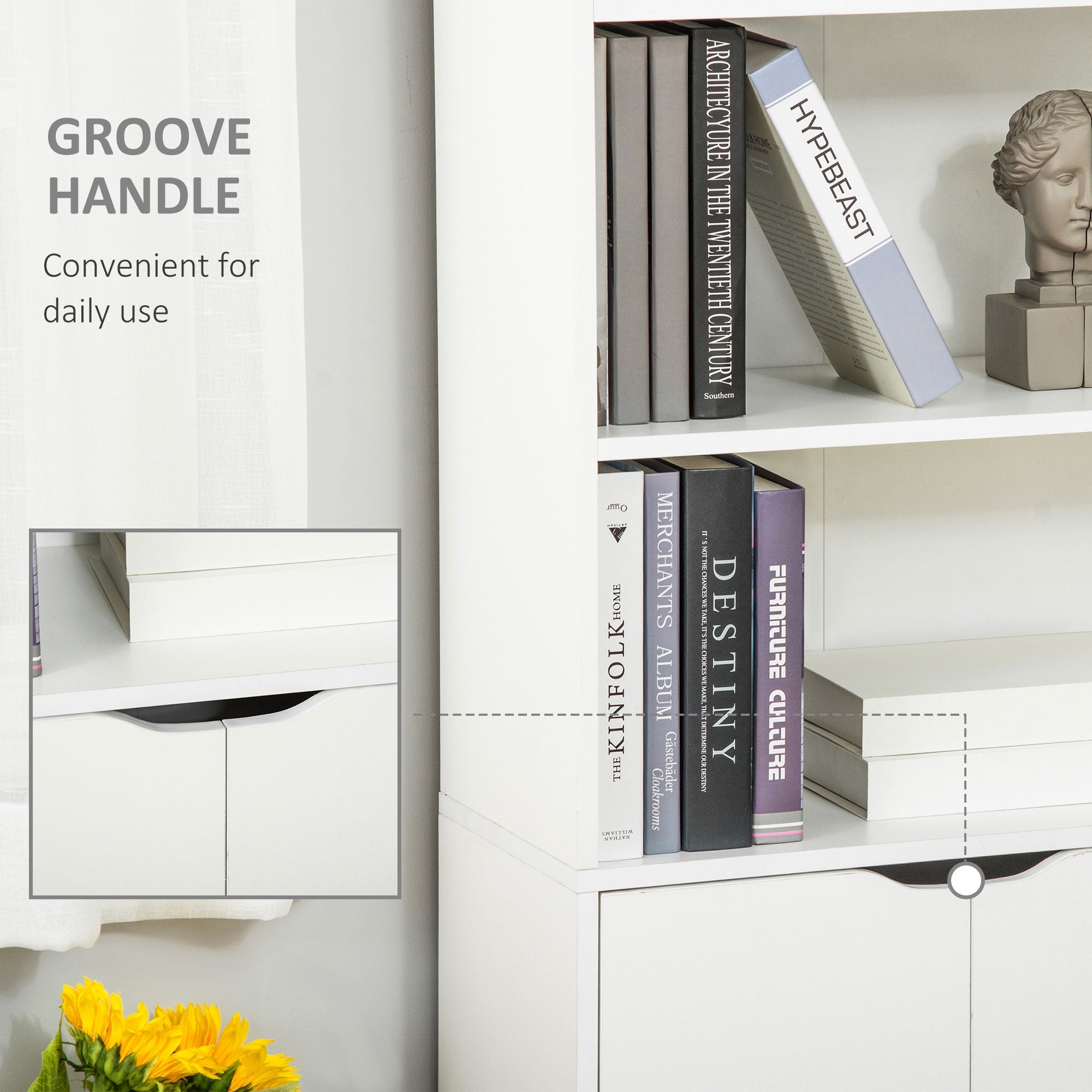 HOMCOM 4-Tier Bookshelf with Doors, White Modern Home Office Bookcase Storage Cabinet for Living Room, Bathroom, Study 