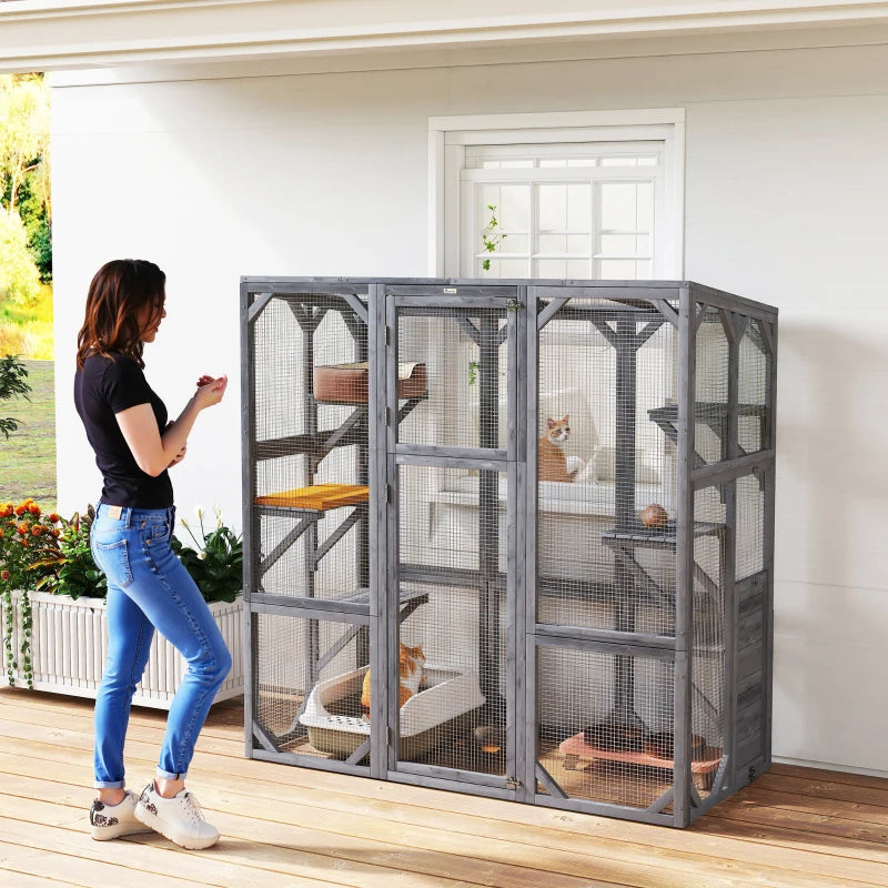 Outdoor Cat Enclosure with 6 Jumping Platforms, Weatherproof Roof, Large Front Door for 1-3 Cats, 59" x 28" x 60", Grey