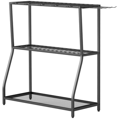 Outsunny 3-Tier Yard Tool Tower Rack, Garden Tool Organizer with Hooks for Long-Handled Rakes, Shovel, Broom, Black 