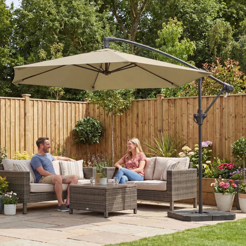 9.7 ft Offset Patio Umbrella with Water/Sand Fillable Weights, Garden Hanging Parasol with Locking Latch, Khaki