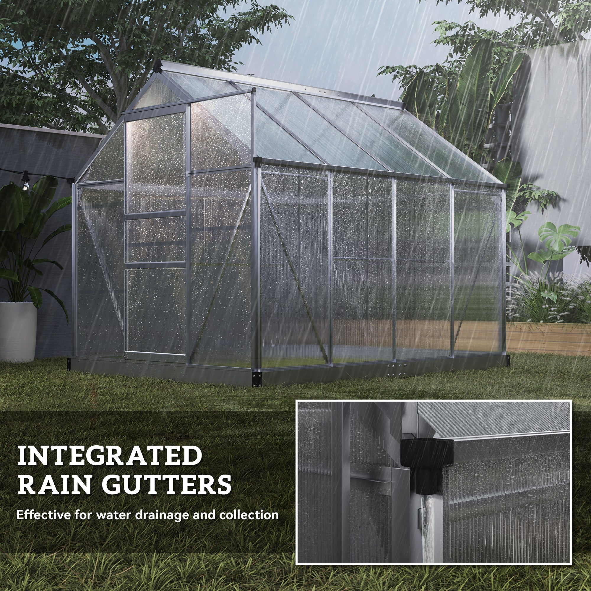 Outsunny 6' x 8' x 6.6' Polycarbonate Greenhouse, Walk-In Green House Kit Garden, Plants Grow, Galvanized Sheet Aluminum Frame with Rain Gutter, Vent and Sliding Door, Silver 