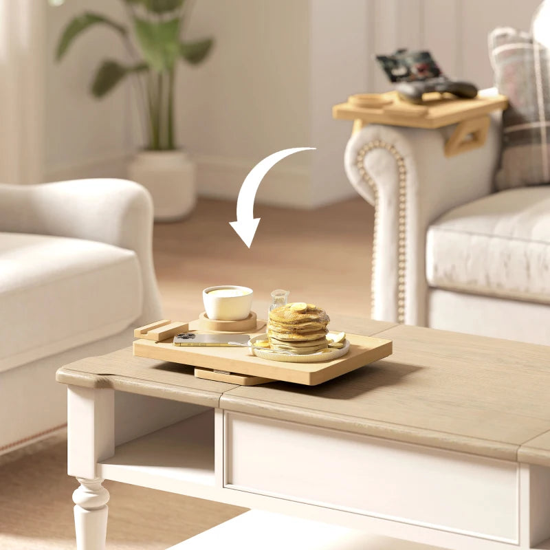 Couch Arm Tray, Clip-On Side Table with 360° Rotating Phone Holder and Removable Cup Holder, Natural