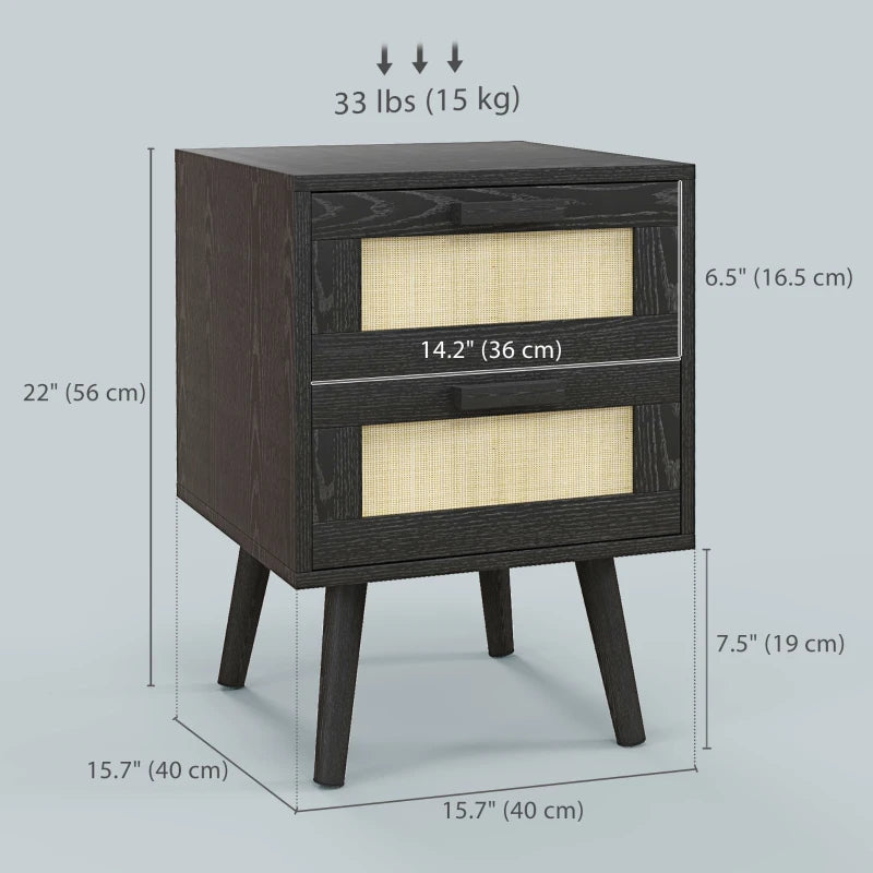Boho Nightstands Set of 2, Bedside Tables with 2 Drawers for Living Room, Bedroom, Black
