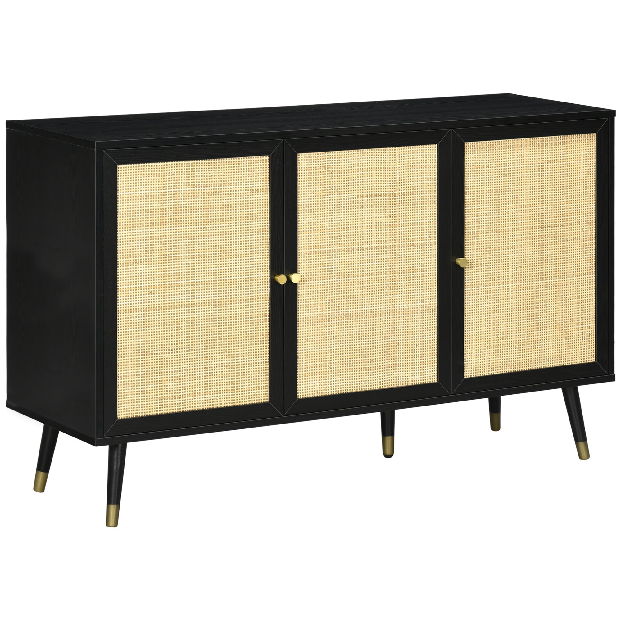 HOMCOM Black & Natural Rattan Sideboard: Kitchen Buffet Cabinet with Storage Shelves & Wood Legs for Living Areas 