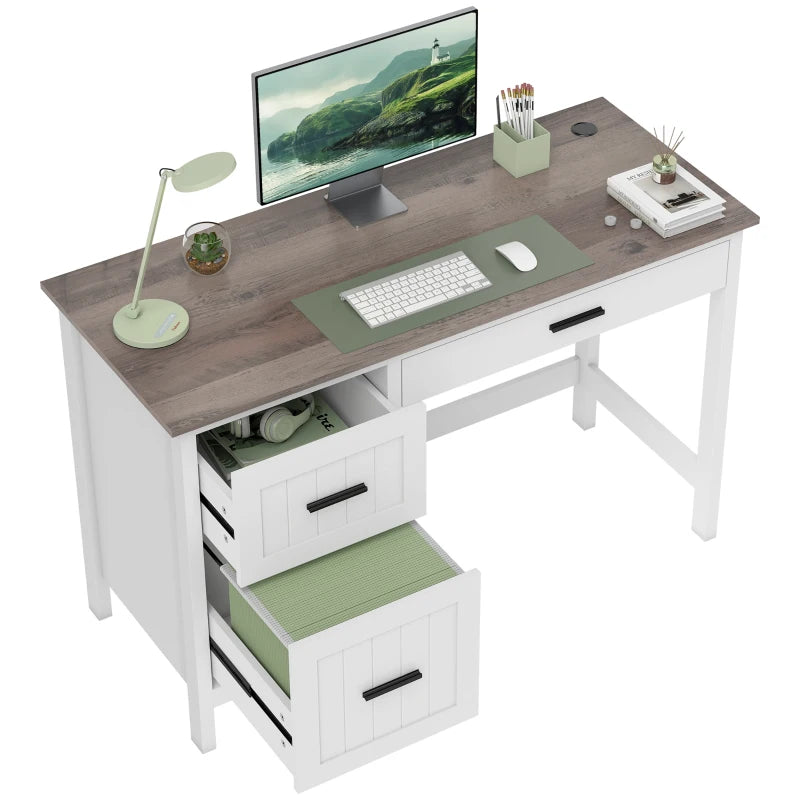 Computer Desk with 3 Drawers, Farmhouse Home Office Desk with File Drawer and Wood Grain Top for Small Spaces, White