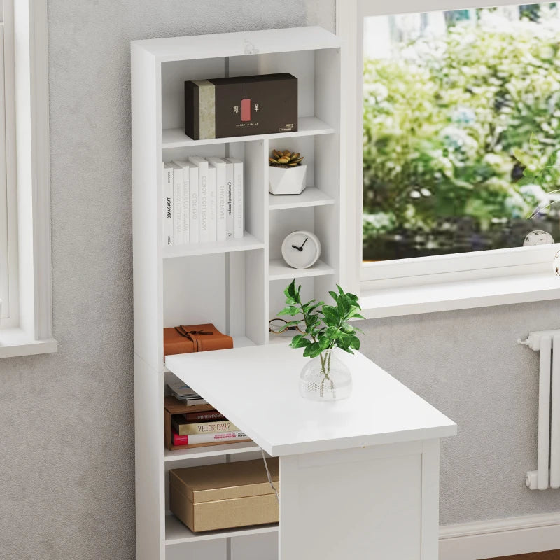 Fold-out Convertible Office Desk, Wall Mount Computer Desk with Whiteboard and Side Shelf, White