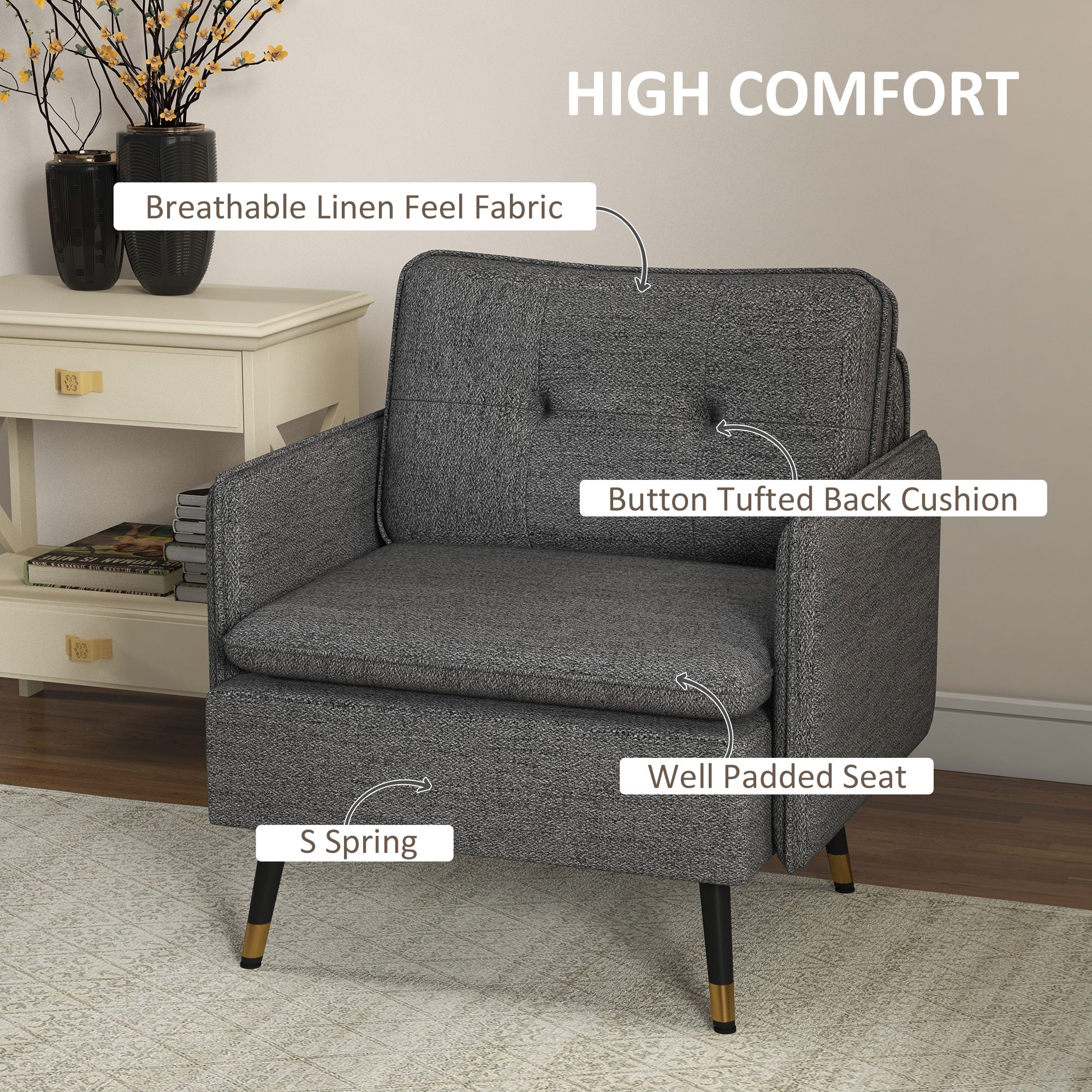 HOMCOM Accent Chair Modern Upholstered Tufted Back Steel Legs Living Room Bedroom Dark Grey 