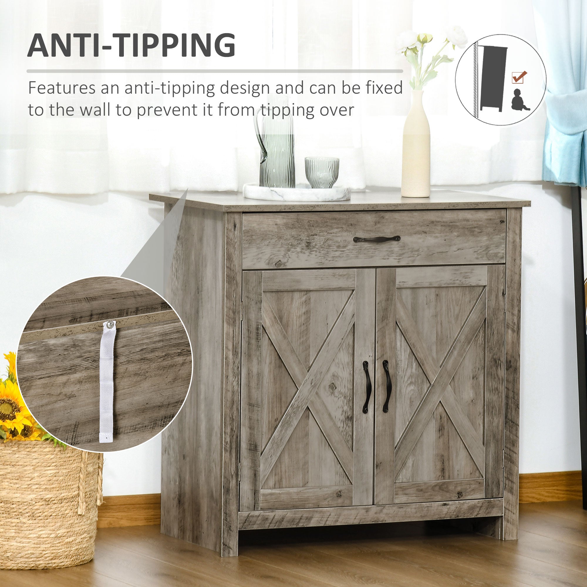 HOMCOM Farmhouse Style Barn Door Sideboard Coffee Bar Buffet Accent Storage Cabinet for Living Room Entryway Grey Wash 