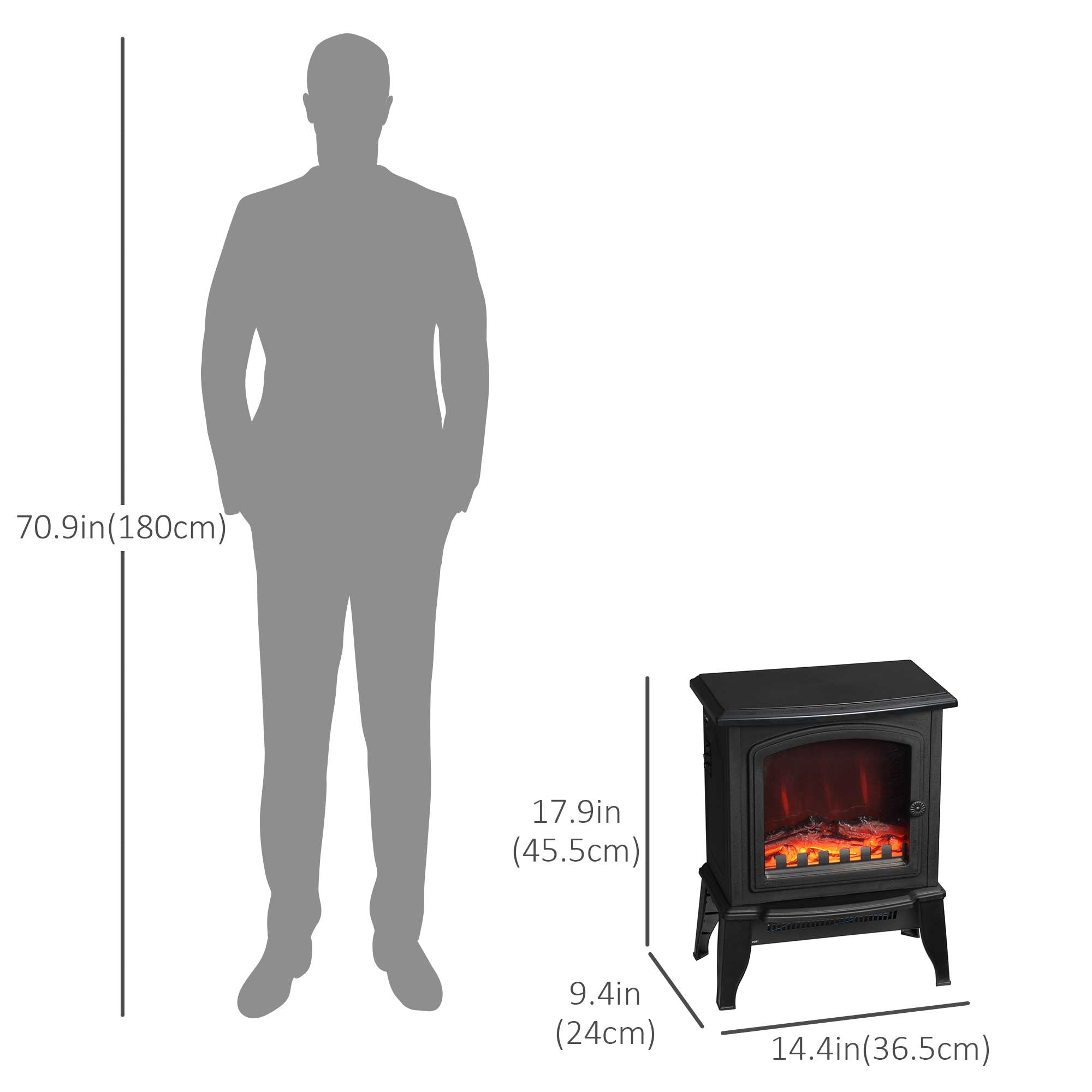 HOMCOM Electric Fireplace Heater, Freestanding Fireplace Stove with Realistic Flame Effect, 750 with 1500W, Black 