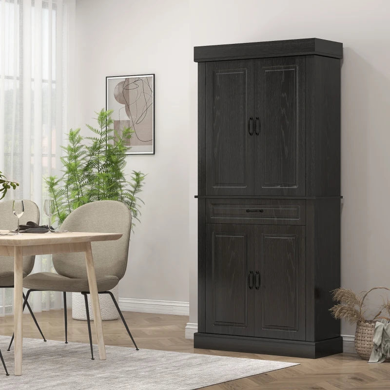 71" Freestanding Kitchen Pantry with 4 Doors and 2 Cabinets, Tall Storage Cabinet for Kitchen, Distressed Black
