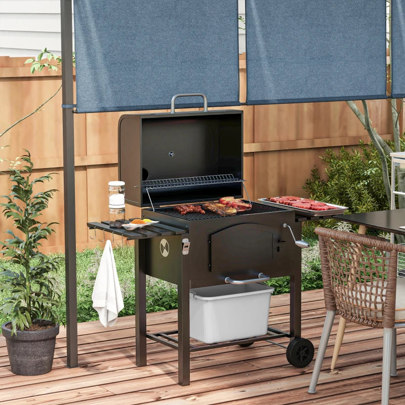 Charcoal Smoker Adjustable Height, Folding Shelves, Thermometer, and Wheels, Black