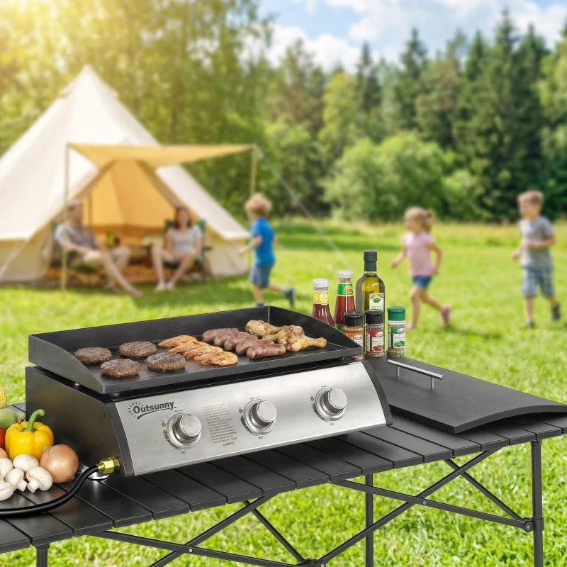 🔥 3-Burner Propane Gas Griddle Grill with Lid – Portable Outdoor BBQ (Black)