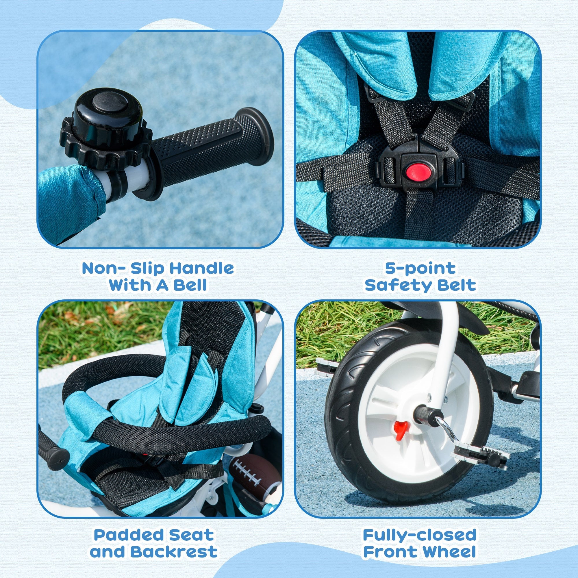 Qaba 6-in-1 Kids Tricycle Stroller with Safety Harness, Canopy, Basket for Ages 1-5, Blue - Perfect Outdoor Toy 