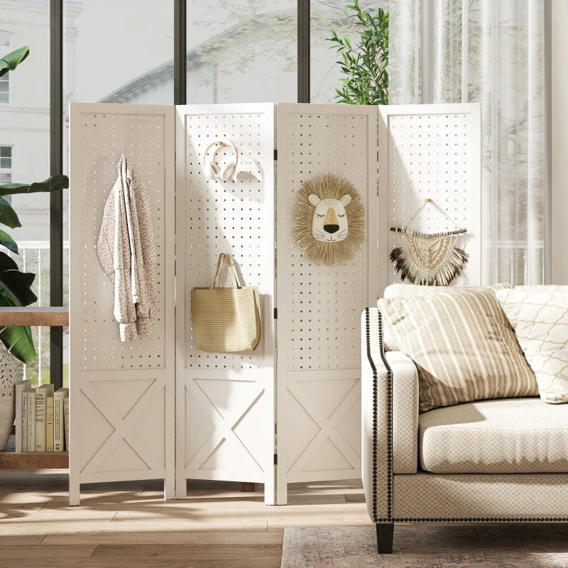 56.9" 4 Panel Wooden Room Divider with Pegboard Display, Folding Privacy Screen for Home Office, White