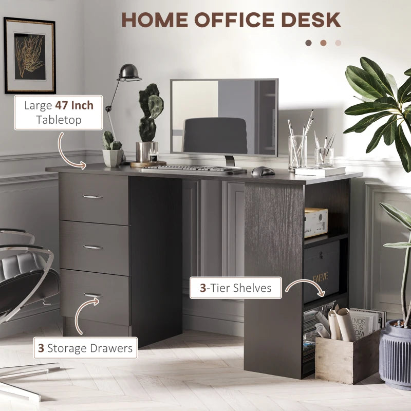 Computer Desk, 47" Writing Table with 3-Tier Shelves and 3 Reversible Drawers for Home Office, Bedroom, Black