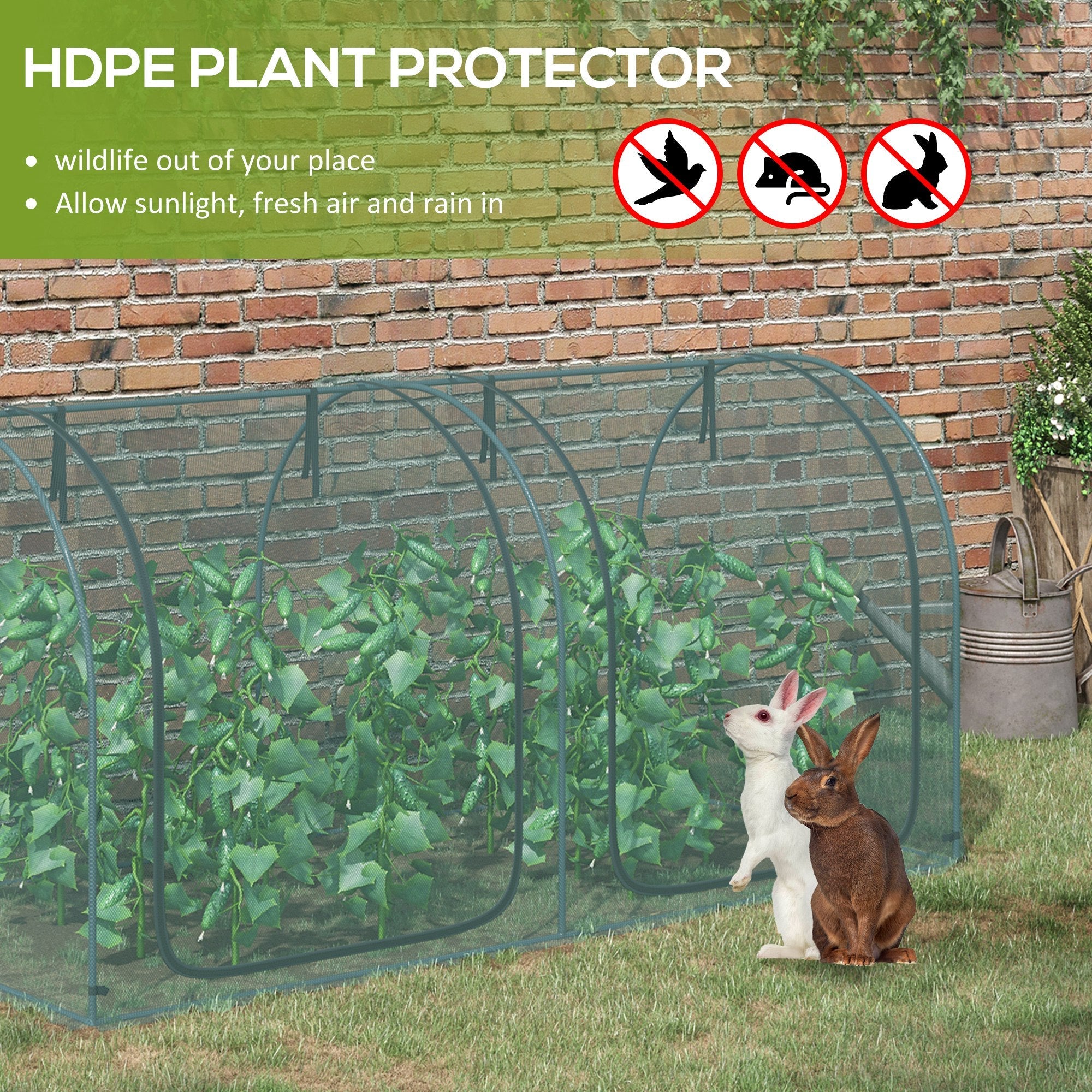 Outsunny 8' x 3' Crop Cage, Garden Plant Protector, with 3 Zippered Doors and 6 Ground Stakes, for Garden, Yard, Lawn Dark Green 