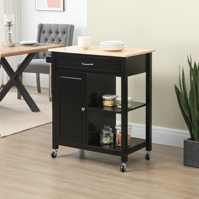 Rolling Kitchen Cart with Wood Top and Drawer, Kitchen Island on Wheels for Dining Room, Black | Aosom Canada