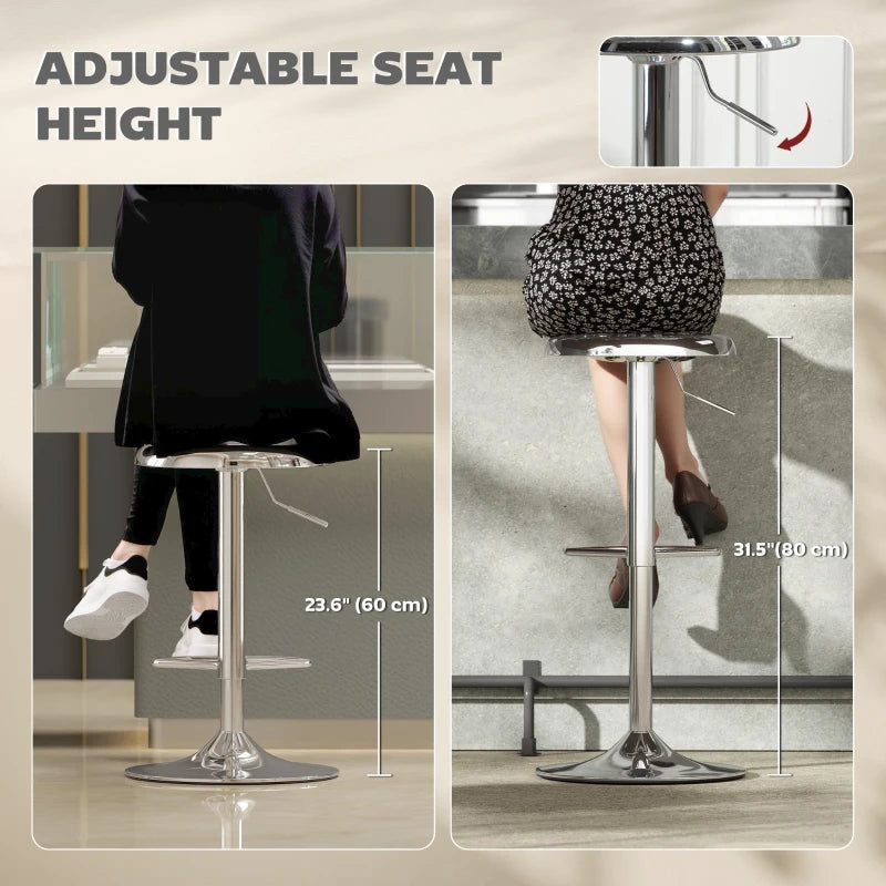 Steel Bar Stools Set of 2, Adjustable Counter Height Round Breakfast Barstools, Industrial Swivel Bar Chairs, Silver