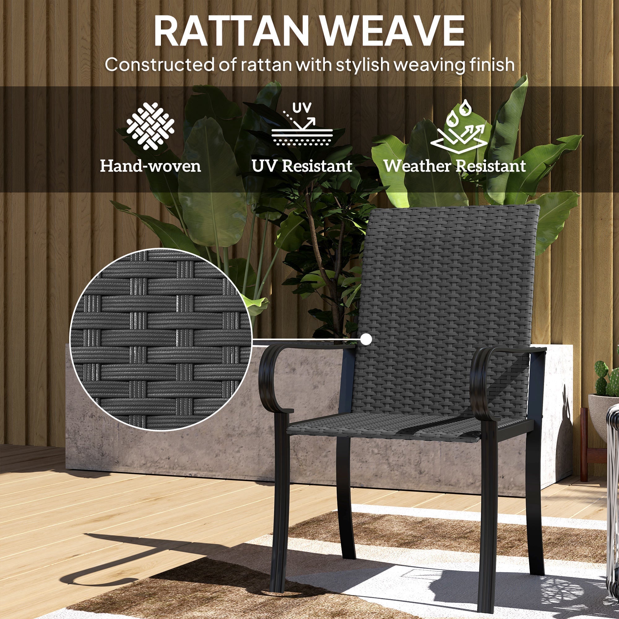 Outsunny 4 Piece PE Rattan Patio Dining Chairs with Steel Frame,  for Garden, Backyard, Pool Side, Porch, Black 