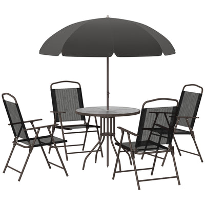 Outsunny 6PC Garden Dining Set with Umbrella Outdoor Patio Furniture Round Table Folding Chairs Cream-white 