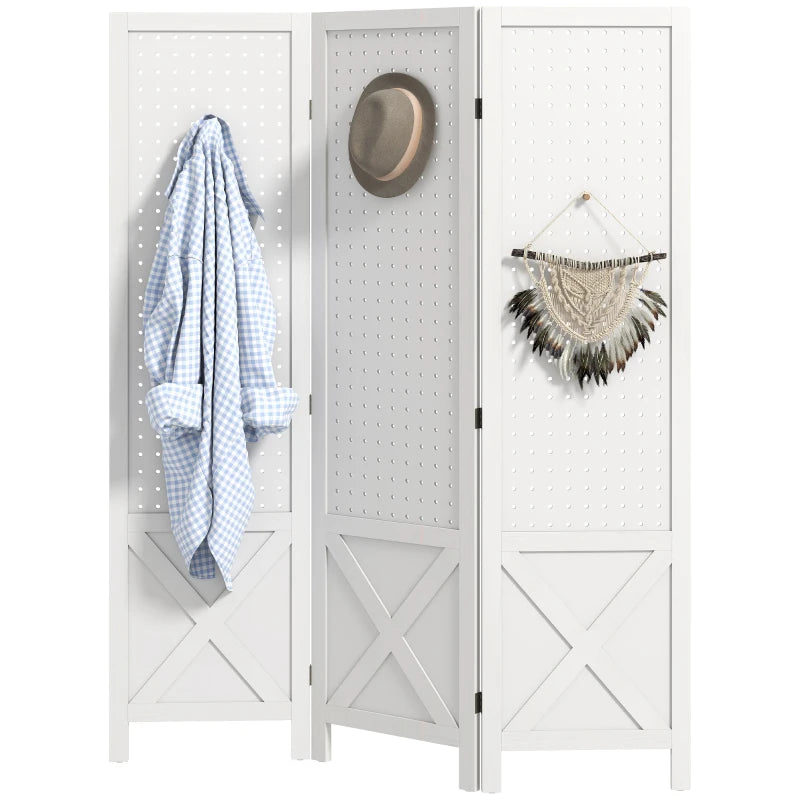 56.9" 3 Panel Wooden Room Divider with Pegboard Display, Folding Privacy Screen for Home Office, White
