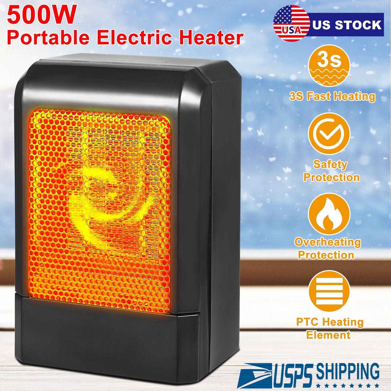 500W Portable Electric Heater PTC Ceramic Heating Fan 3S Heating Space For Home Office Use