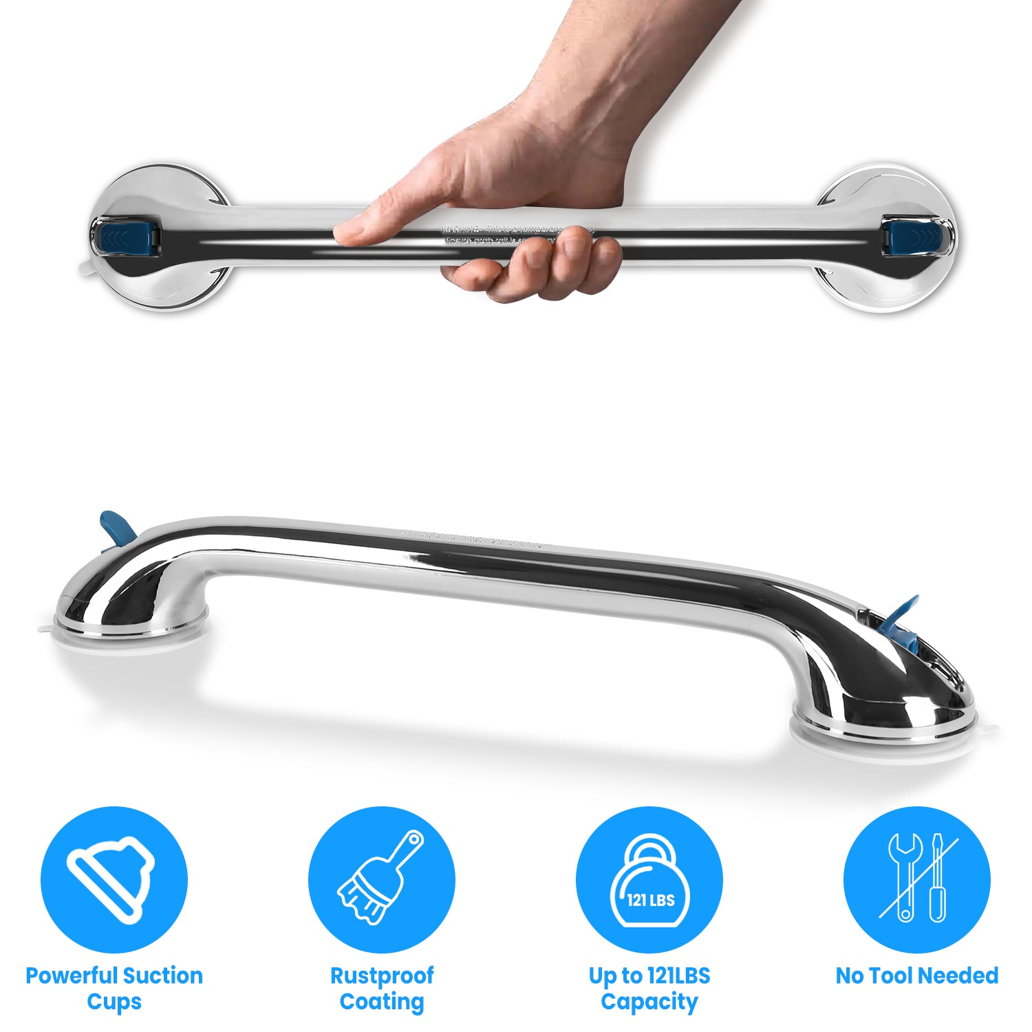 2Pcs Shower Grab Bars with Powerful Suction Cups 21.7in Long Waterproof Rustproof Bathroom Stool Bathtub Handicap Shower Grip Handle For Senior Elderl