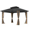Outsunny 10' x 12' Hardtop Gazebo, Sun Shelter with Double Tier Metal Roof, Mosquito Netting, and Hanging Hook, Dark Brown