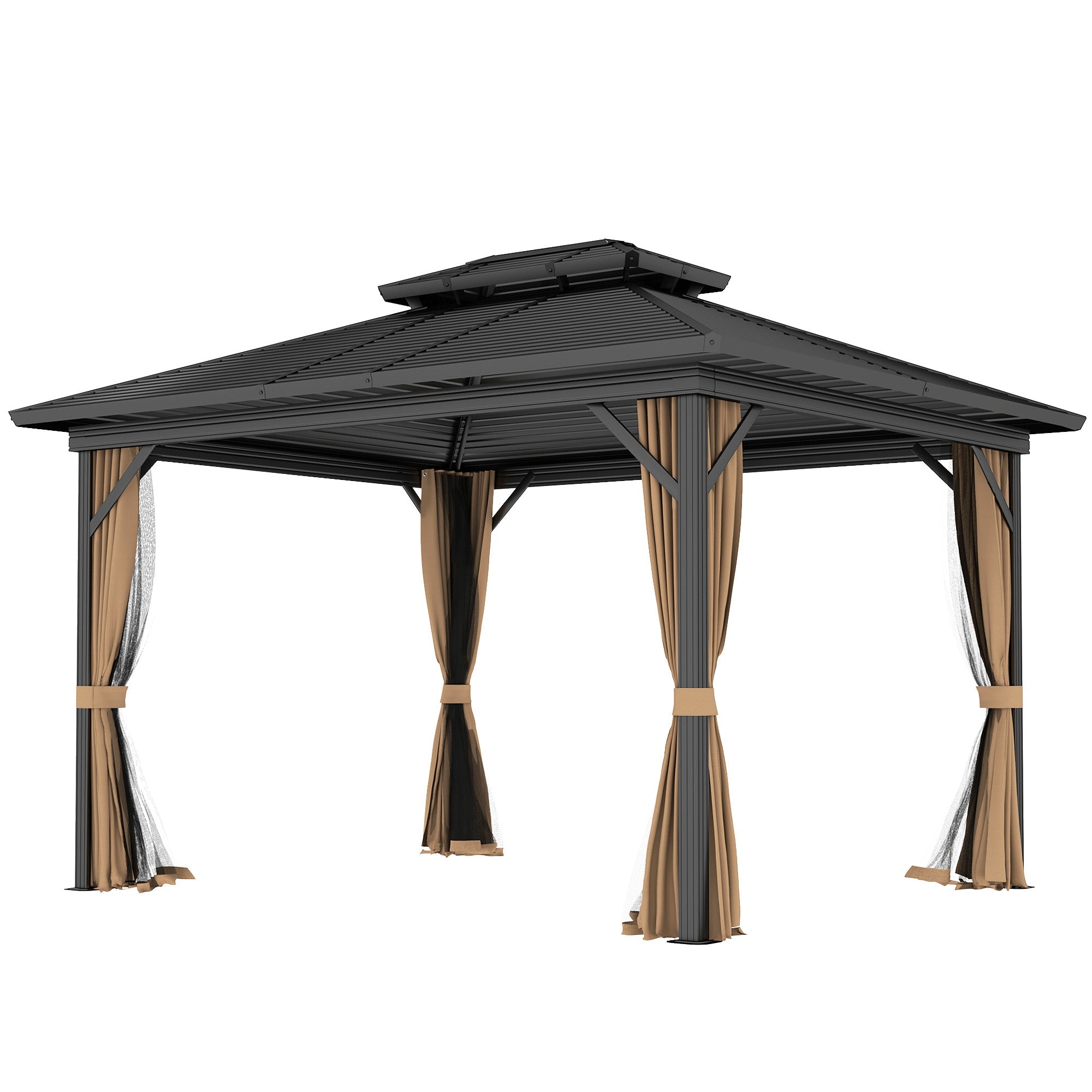 Outsunny 10' x 12' Hardtop Gazebo, Sun Shelter with Double Tier Metal Roof, Mosquito Netting, and Hanging Hook, Dark Brown 