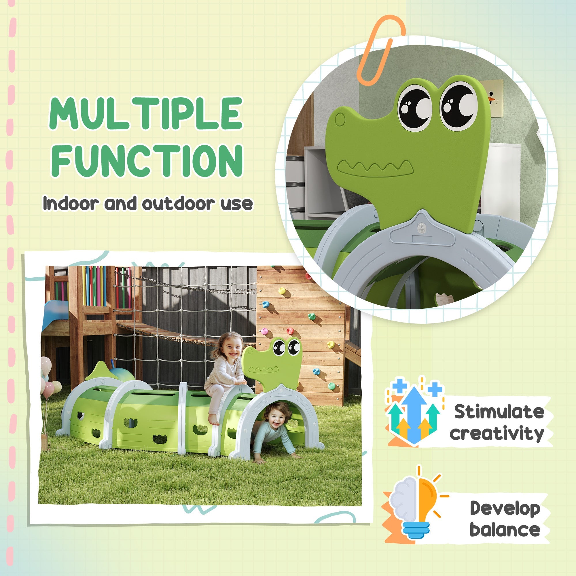 Qaba Crocodile Design Kids Play Tunnel for Indoor Outdoor, Green 