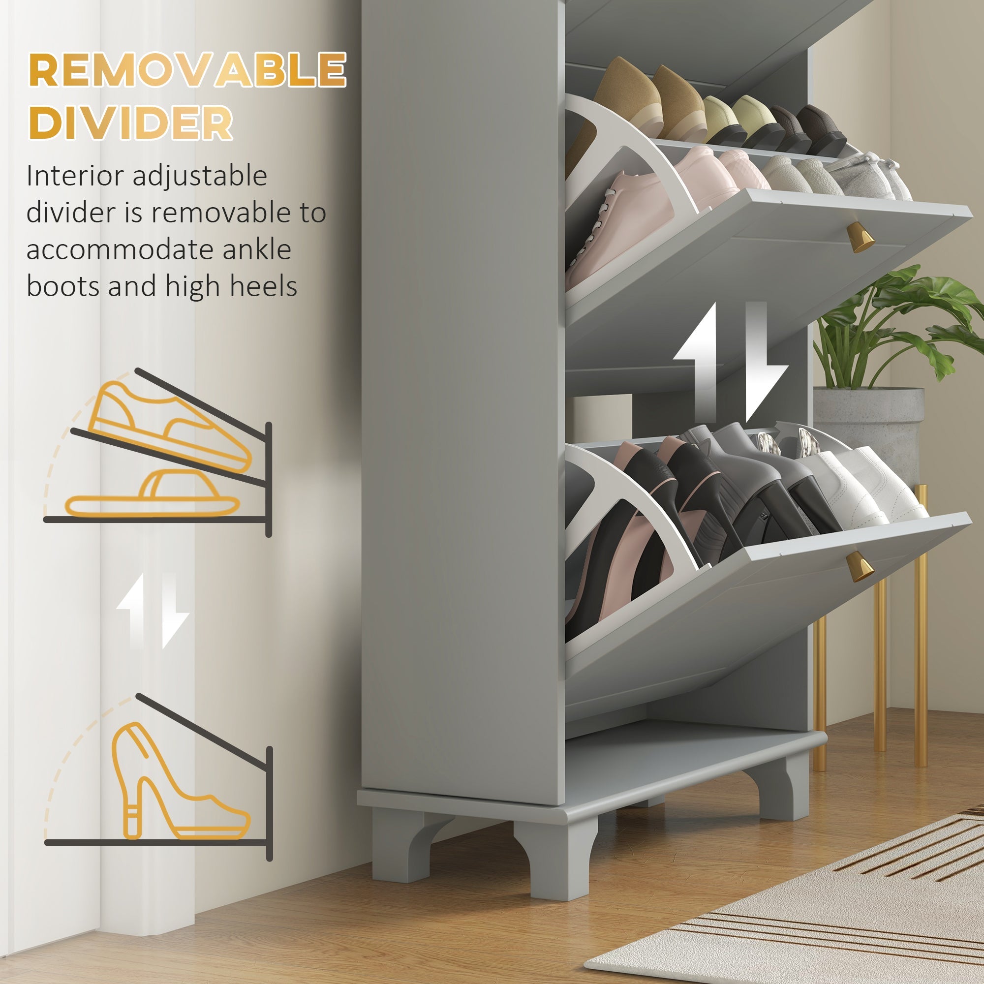 HOMCOM Narrow Shoe Storage with 3 Flip Drawers and Adjustable Shelves, Shoe Cabinet Organizer for 12 Pairs of Shoes, Grey 