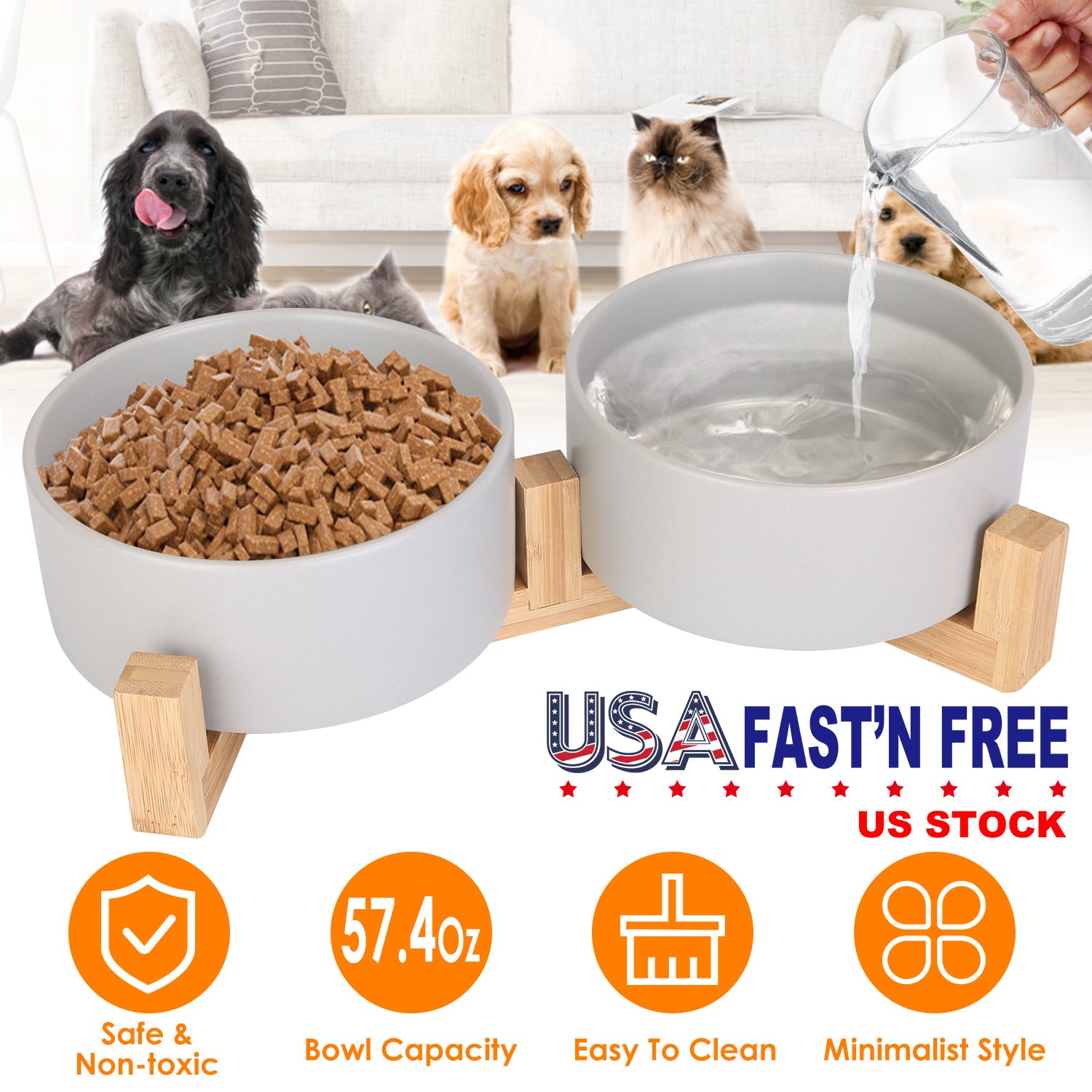 Double 28.7Oz Ceramic Pet Bowls Dog Cat Bowls with Wooden Stand Raised Pet Feeder for Small Dogs Cats