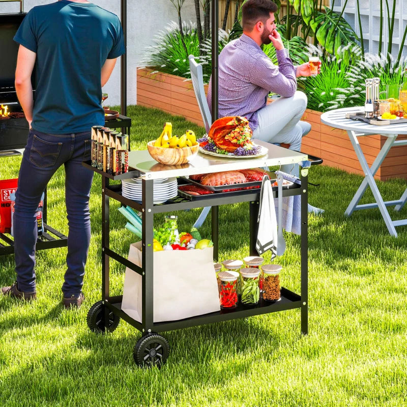 BBQ Stand with Stainless Steel Top Adjustable Shelf, Outdoor BBQ Station with Hooks Seasoning Tray Towel Rack