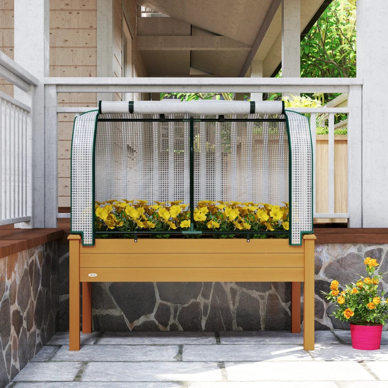 Raised Garden Bed with PE Greenhouse Cover Outdoor Elevated Wood Planter Box for Herbs and Vegetables Sand