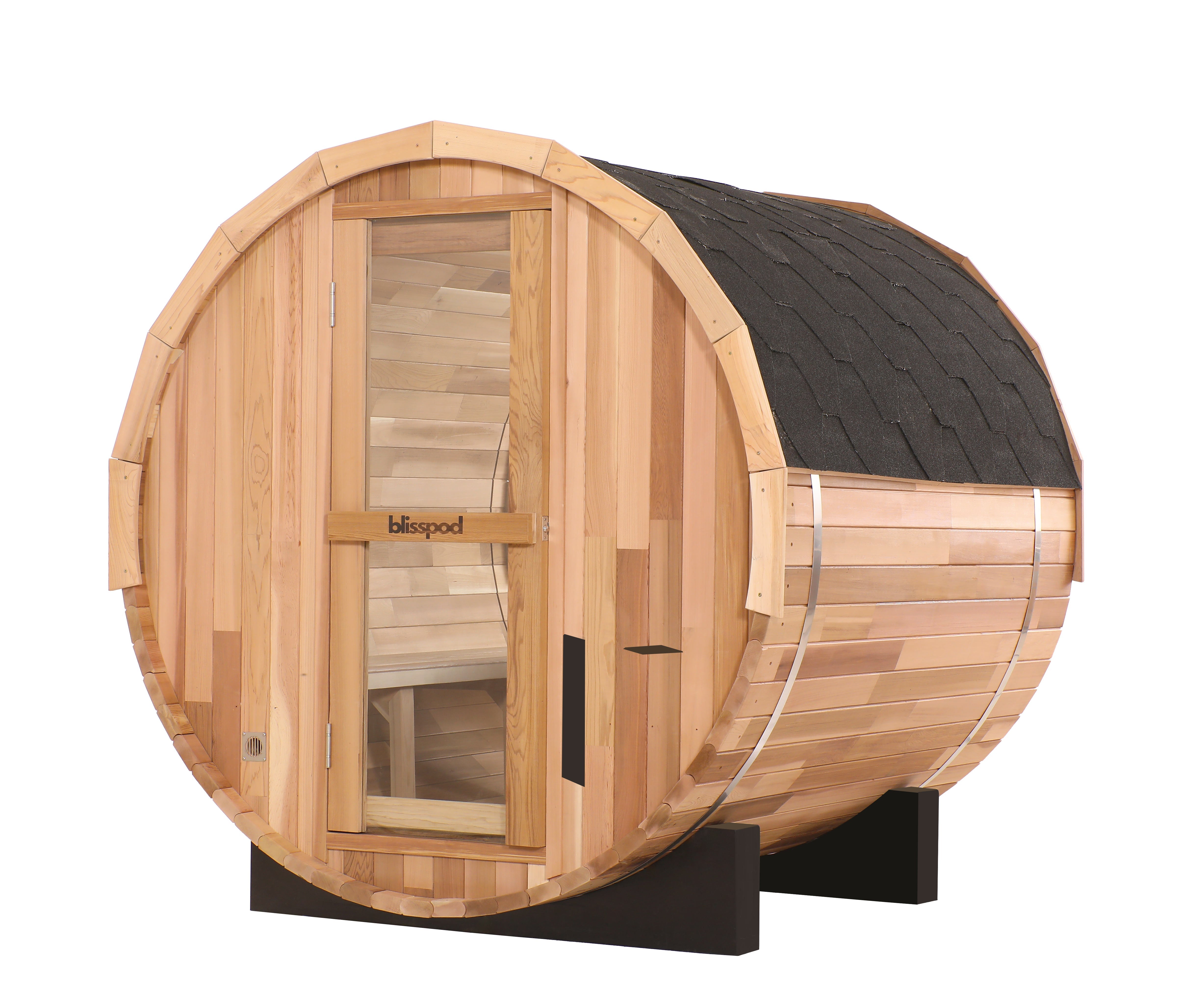 Blisspod | Prague | Canadian Red Cedar Outdoor Steam Barell Sauna | Full Glass Back | 70.87"H x 70.87"W x 70.87"D | 4-6 person 