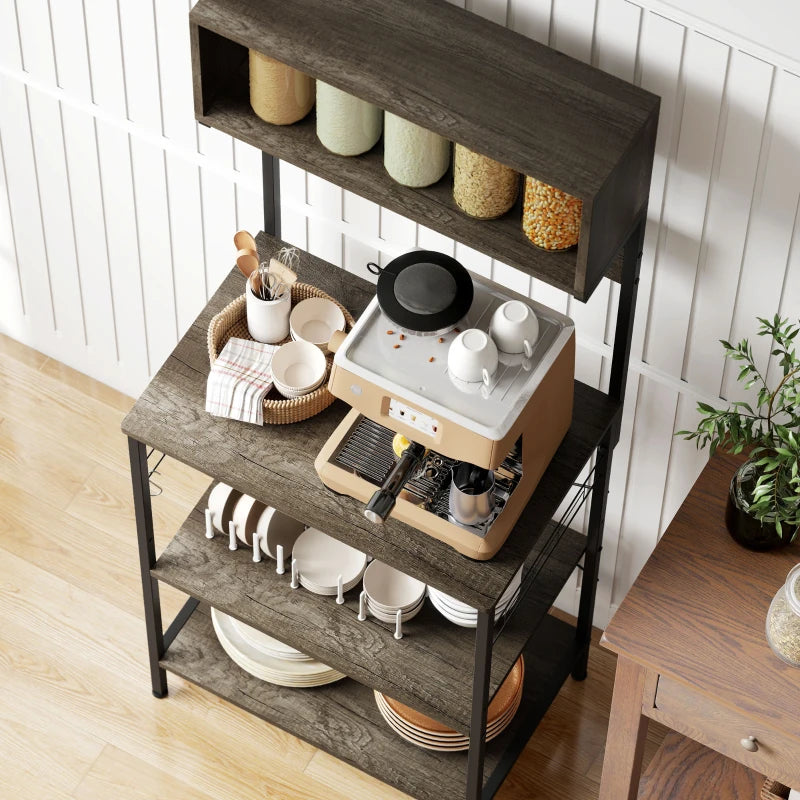 Baker's Rack with Charing Station, Microwave Shelf with Power Outlet, USB Charger and 5 Hooks, Distressed Grey