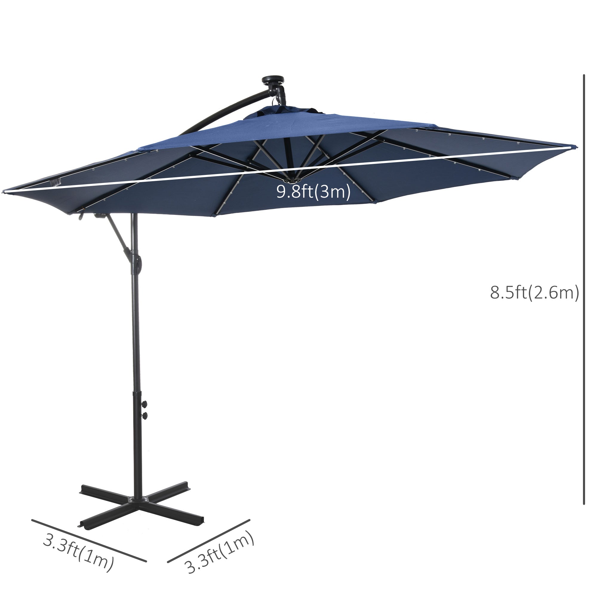 Outsunny 10ft Outdoor Cantilever Umbrella with Solar Lights Banana Adjustable Angle for Patio Backyard Navy Blue 
