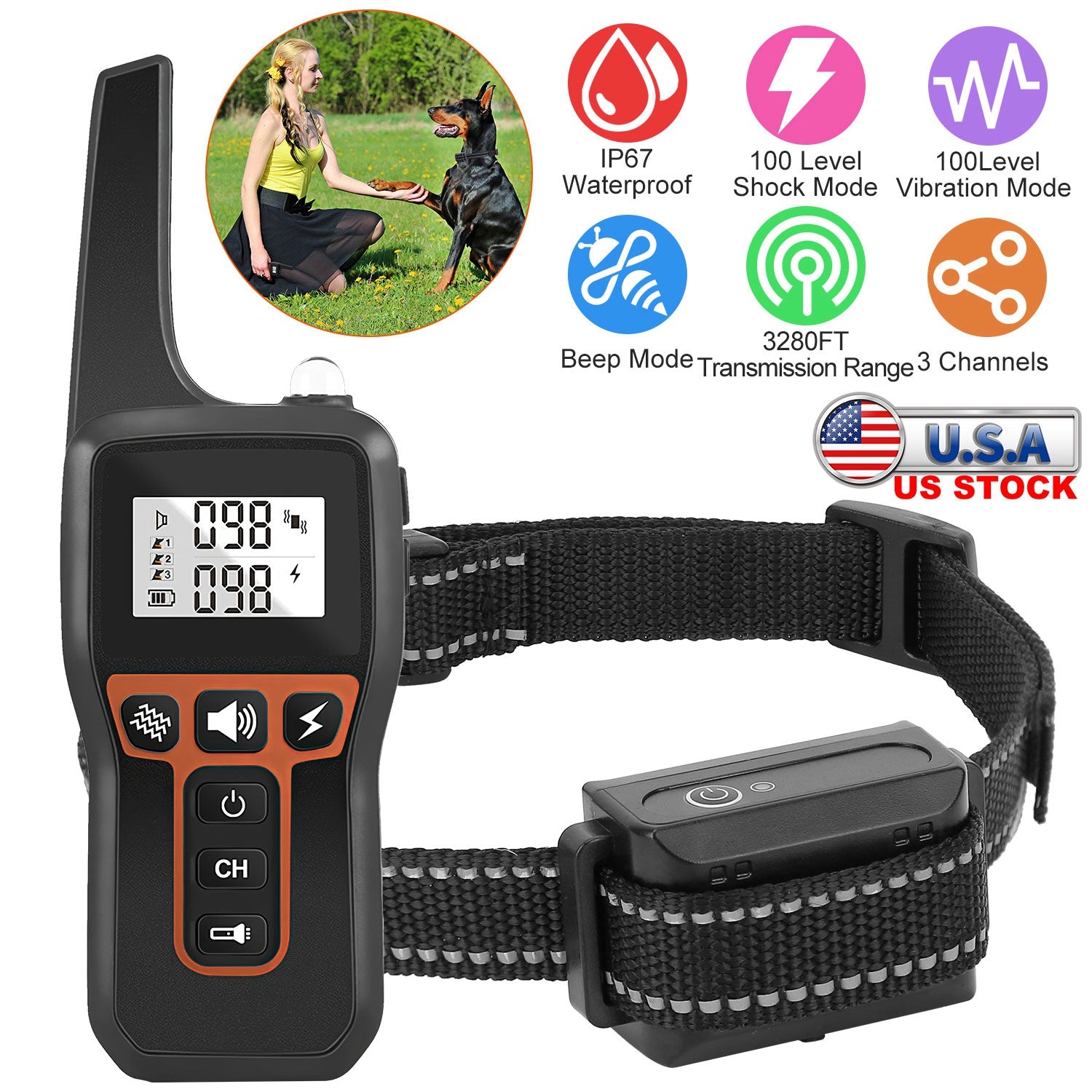 3280FT Dog Training Collar IP67 Waterproof Pet Beep Vibration Electric Shock Collar 3 Channels Rechargeable Transmitter Receiver Trainer with Flashlig