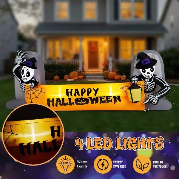 9.6FT Large Halloween Inflatable Decorations Skeleton Tombstone Banner, Outdoor Decorations Blow Up Yard Decor With Built-in LEDs For Halloween Holiday Party Outdoor Garden Yard Lawn Decor 