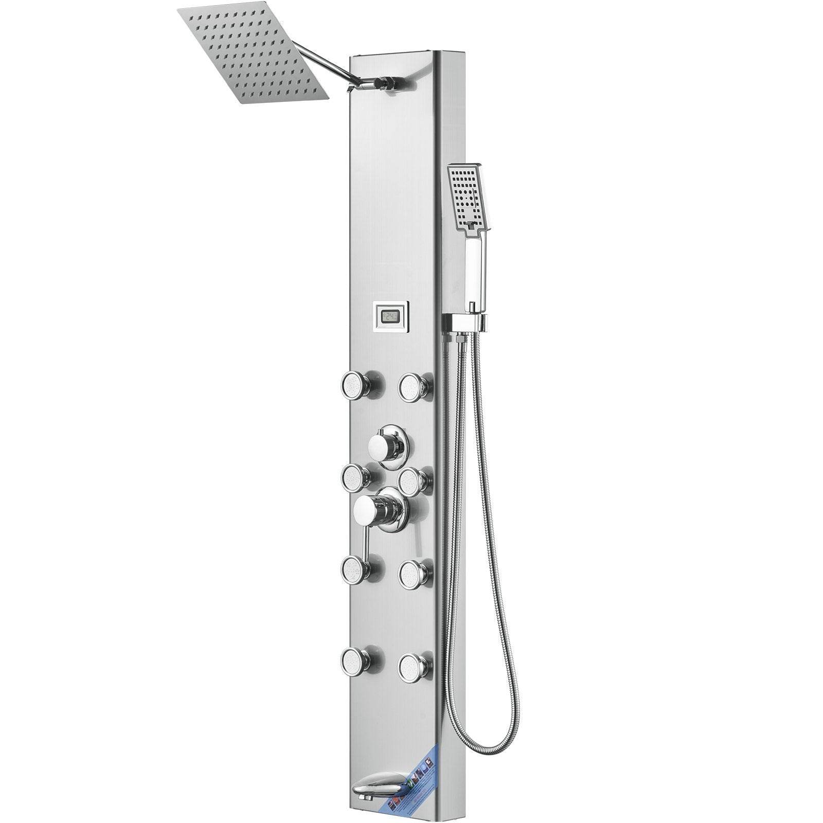 Shower Panel System, 5 Shower Modes, Digital Display Shower Panel Tower, Rainfall, 8 Massage Jets, Tub Spout, 3-Setting Handheld Shower Head 59 Hose, Stainless Steel Wall-Mounted Shower Set 