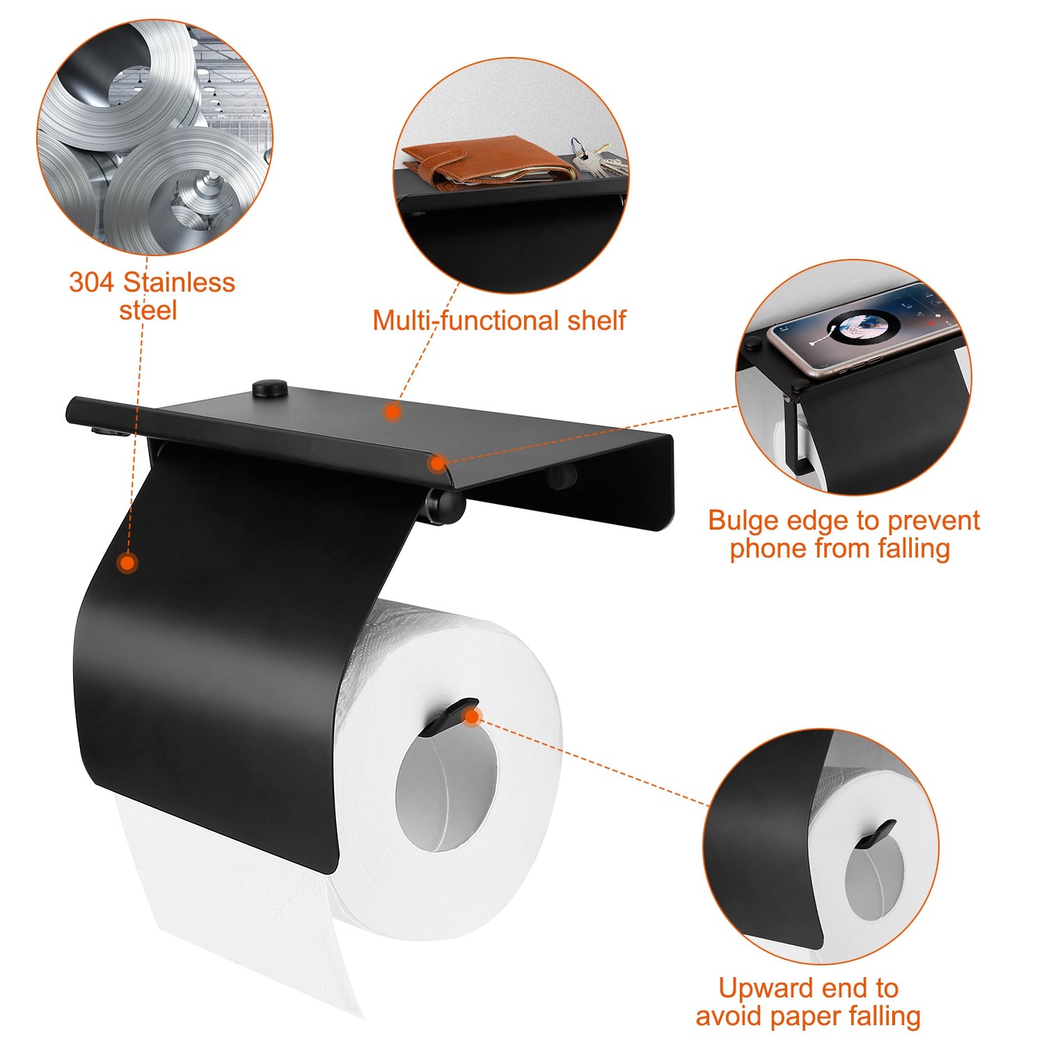 Wall Mounted Toilet Paper Holder with Phone Storage Rack Stainless Steel Toilet Roll Holder Tissue Holder