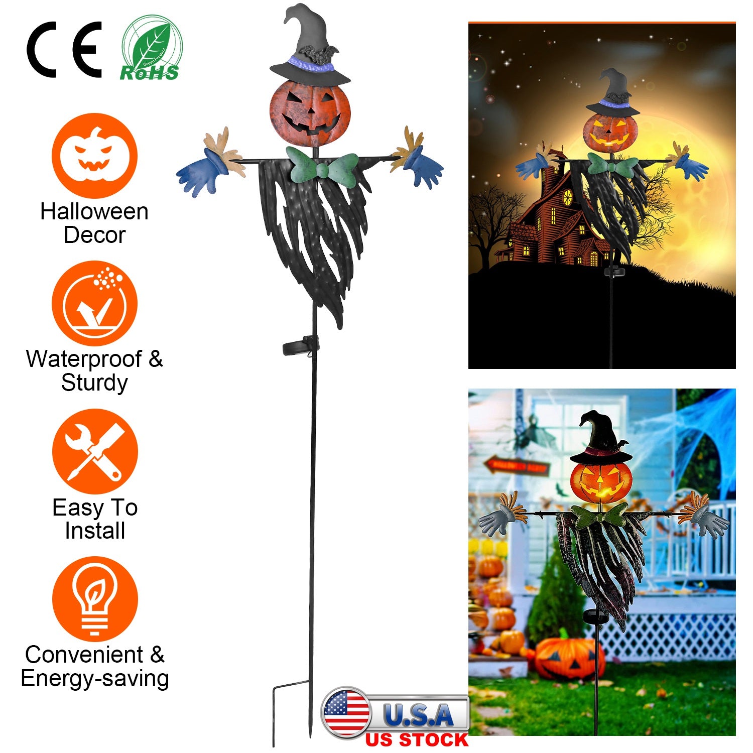 Scarecrow Shape Halloween Decoration Light Waterproof Iron Halloween Decoration Solar Powered Stake Light for Party Garden Yard Park Lawn