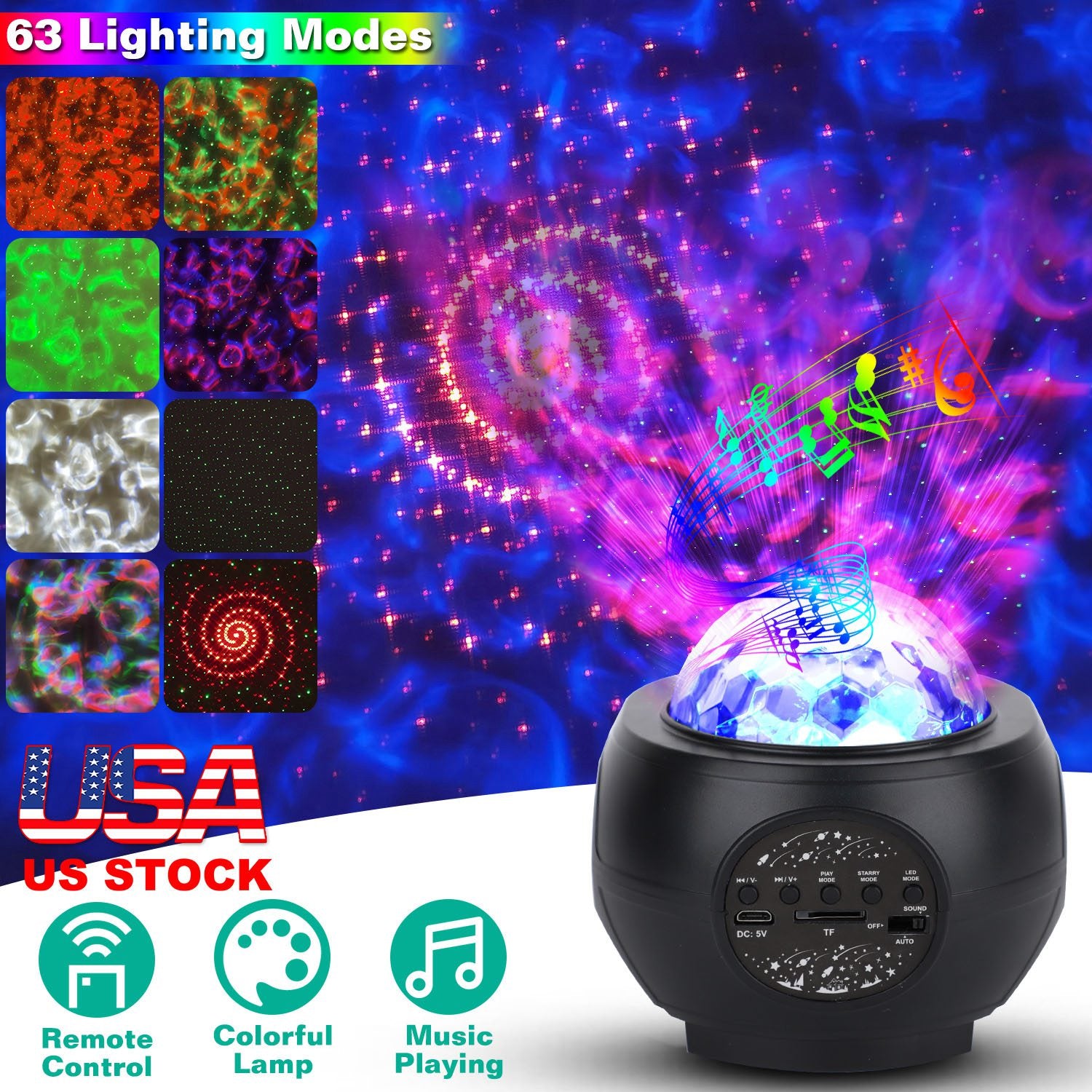 Galaxy Star Projector LED Sky Night Lamp USB Ocean Wave Star Light with Remote Control Wireless Music Speaker for Ceiling Bedroom 