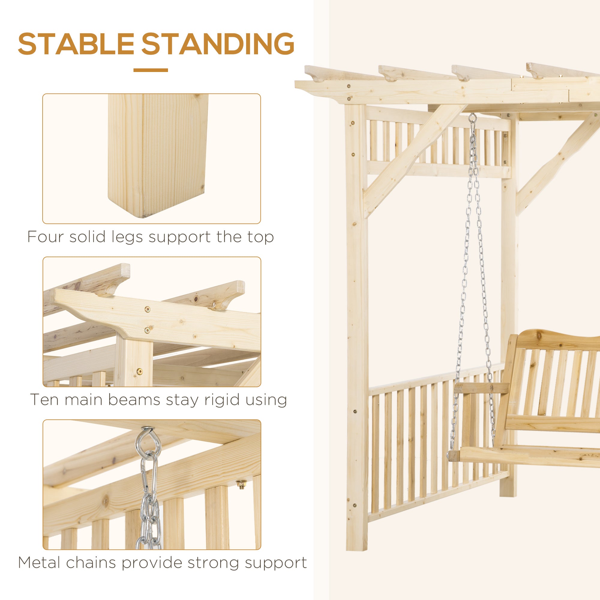 Outsunny Patio Swing Chair with Pergola, 2-Person Wooden Gazebo Swing Bench Sun Shelter for Garden, Poolside, Backyard, Deck 