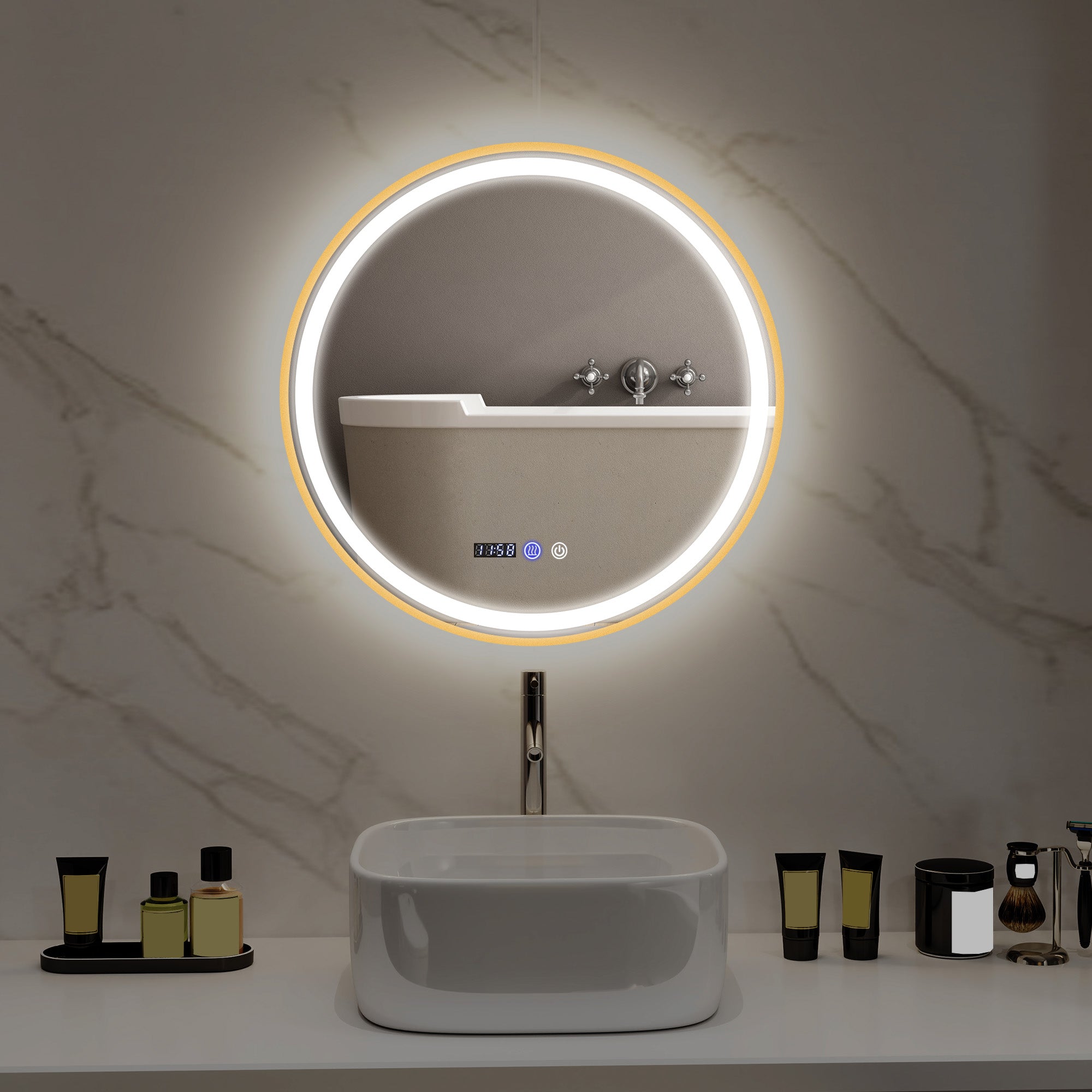 HOMCOM 28" Round Bathroom Mirror with LED Lights, Wall Mounted Vanity Mirror with Anti-Fog Pad, Time and Temp Display, Gold 