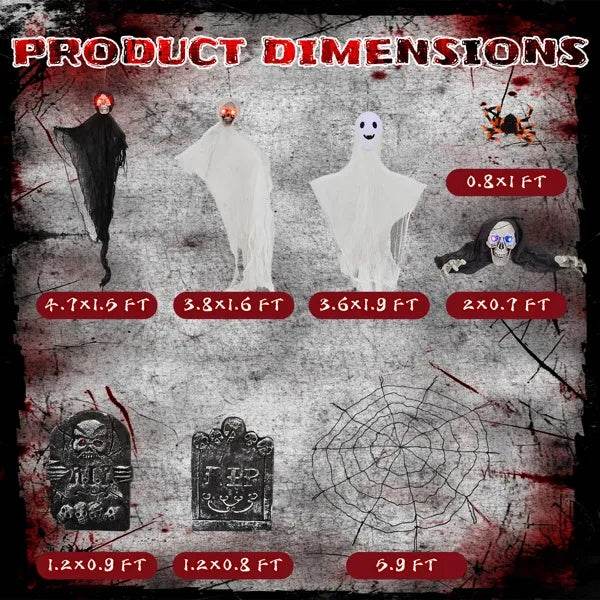 Outdoor Halloween Decorations 8-Piece Set, Hanging Ghosts Decor And Cobweb And Gravestone With Lighted Up Eyes, Scary Swinging Ghost Flying For Yard Patio Lawn Garden 