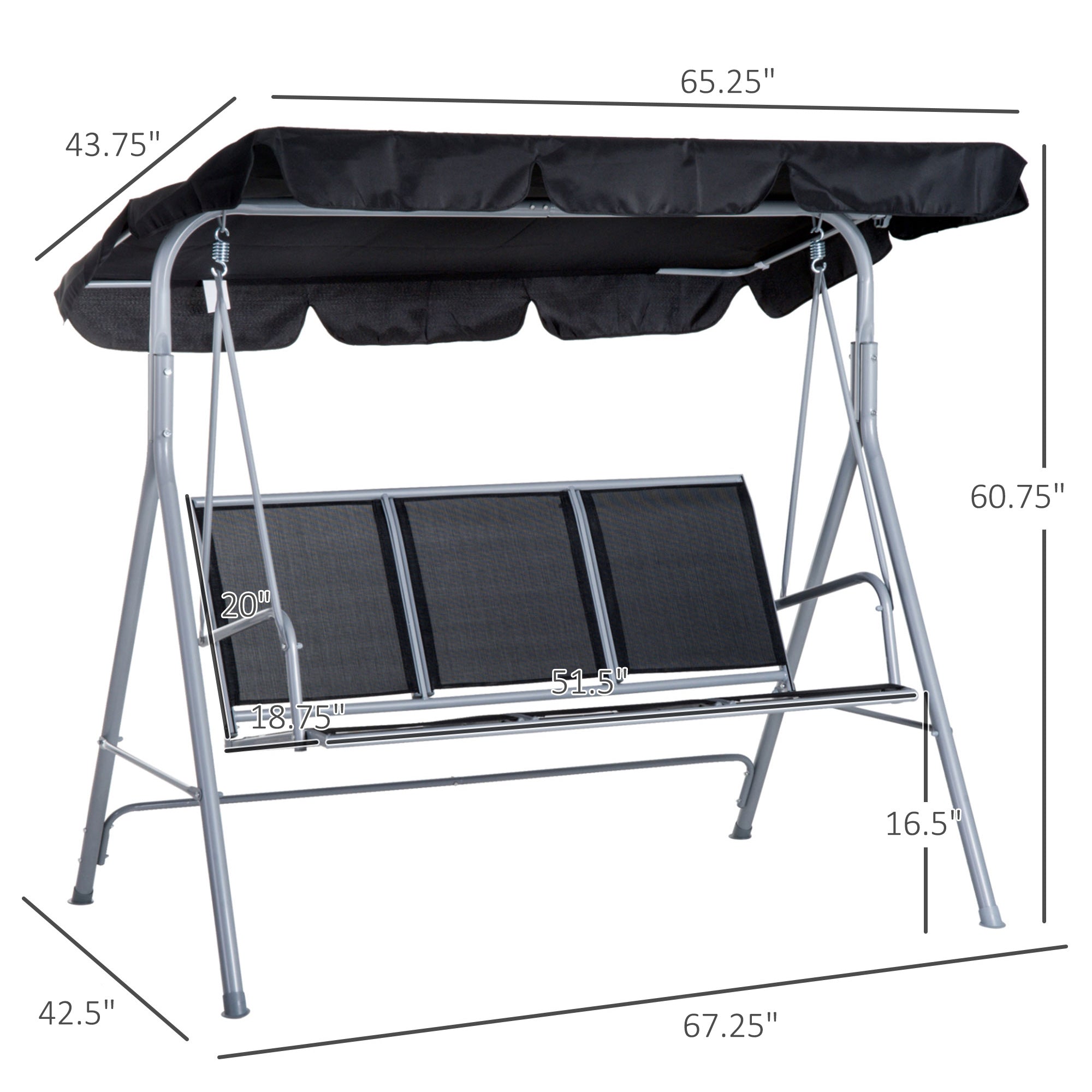 Outsunny A Frame 3 Seater Swing Chair Outdoor Garden Hammock Porch Glider Bed with Canopy Cover Black 