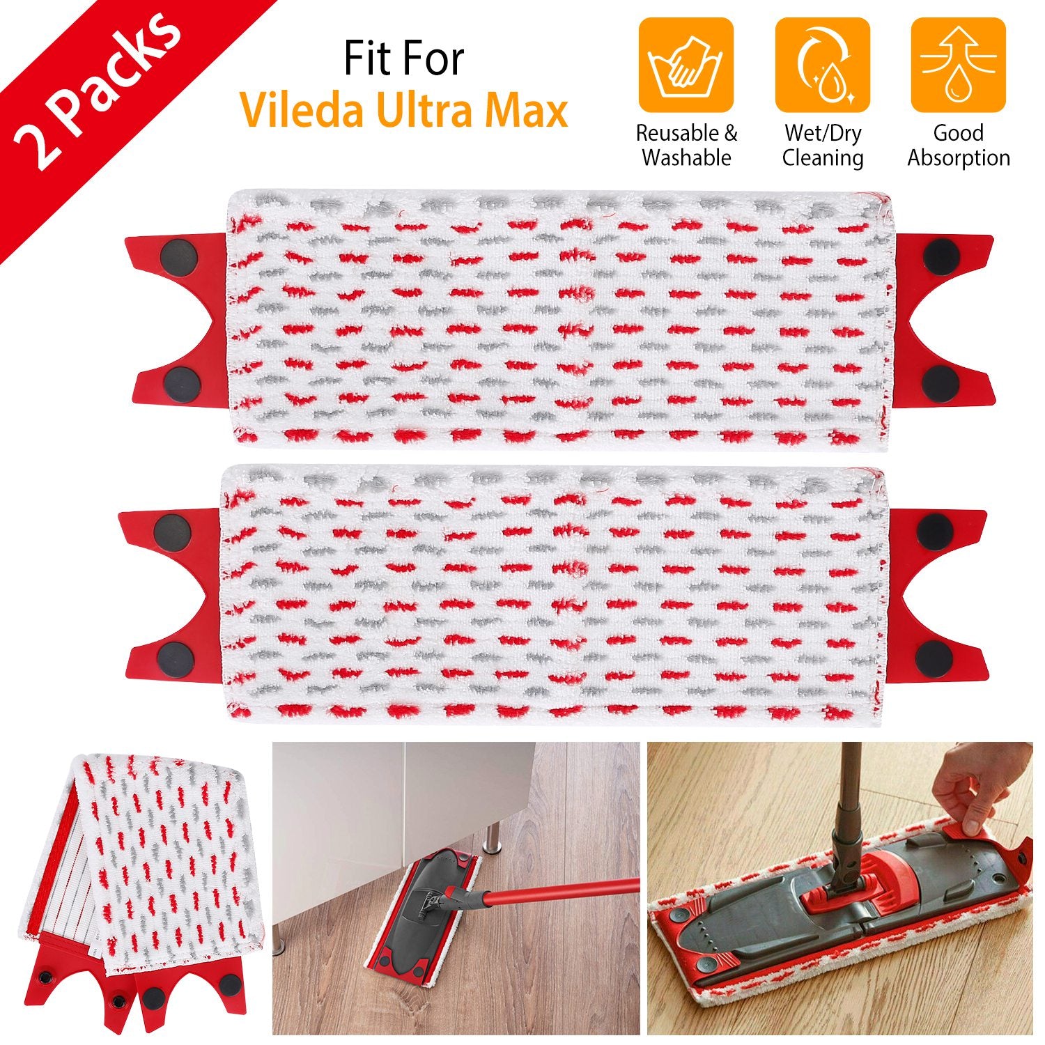 2Pcs Fiber Floor Mop Pads Fit for Vileda Ultra Max Mop Washable Mop Replacement Heads for Wet Dry Floor Cleaning