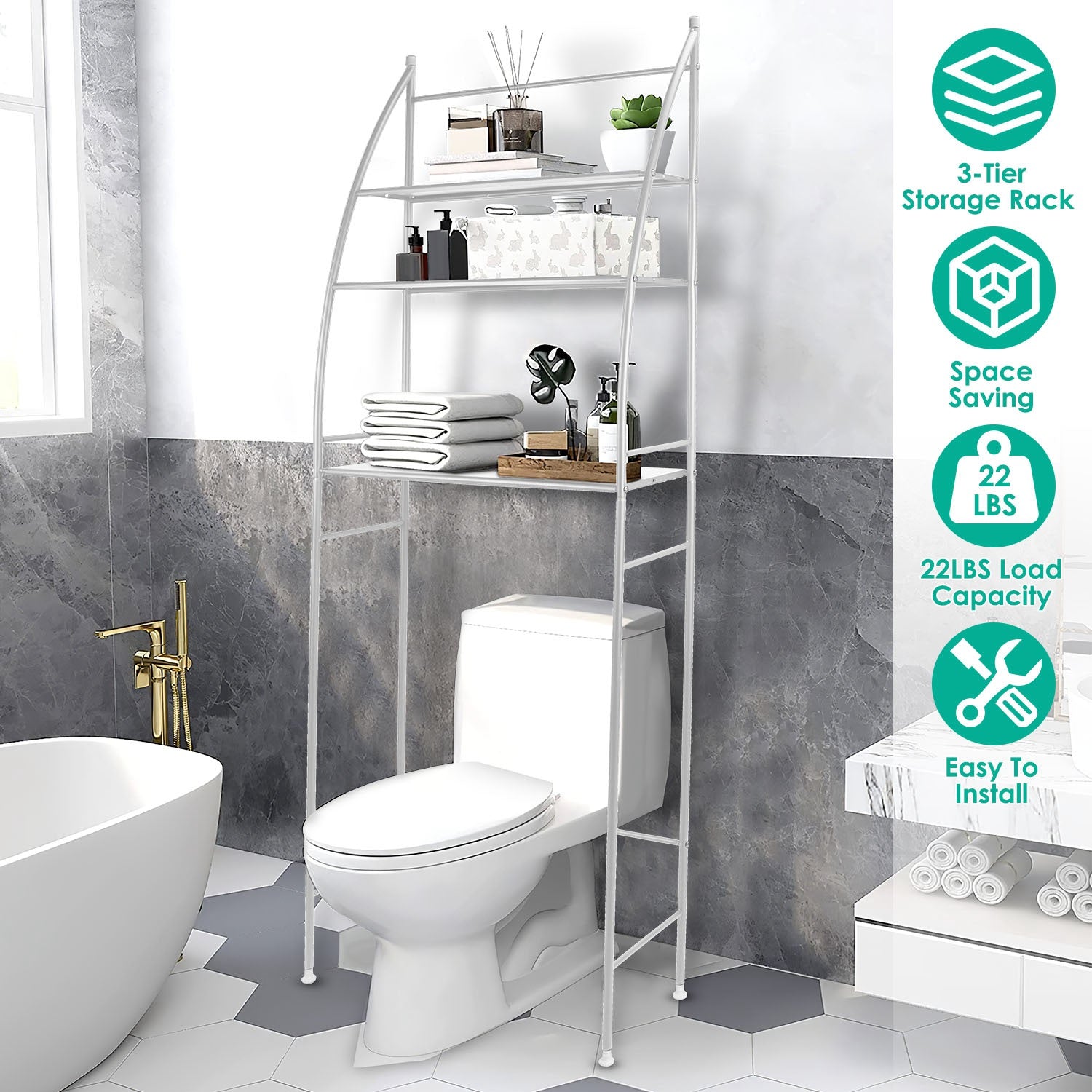 3 Tier 25.59x9.84x66.14in Bathroom Over the Toilet Storage Shelf Free Standing Laundry Room Organizer Space Saver Rack 